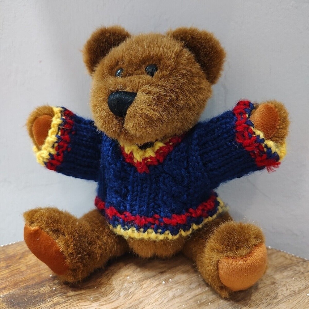 Vtg HugFun Brown Teddy Bear‎  Blue Knitted Sweater Plushie 2000 Moveable Joints